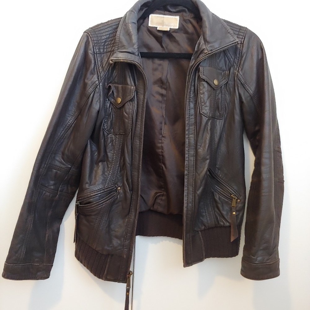 Michael Kors Genuine Leather Bomber Jacket Brown M